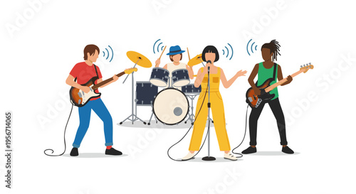 Diverse music band performing live concert. Singer, guitarist, bassist, and drummer on white background. Vector illustration.