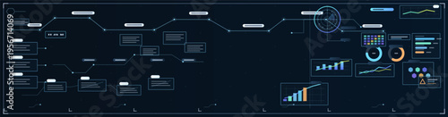 Futuristic digital dashboard with data visualization charts and graphs on dark blue background for technology and business analytics