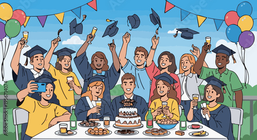 Diverse group of happy graduates celebrating at a party, throwing caps and toasting. Vector illustration.