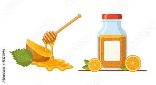 Vector illustration of honey jar with oranges and dripping honey dipper on honeycomb.