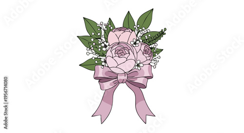 Elegant pink rose corsage with a ribbon bow. Vector illustration for prom, wedding, or formal dance.