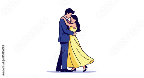 Romantic couple slow dancing. Man in a suit embraces a woman in a long yellow dress.