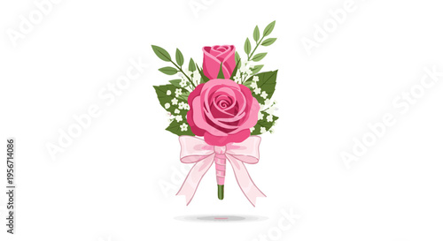 Pink rose boutonniere with a ribbon bow. Vector illustration for a wedding or prom.