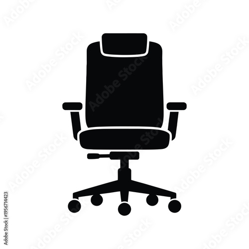 A minimalist black silhouette icon of a professional ergonomic office chair with wheels and arms