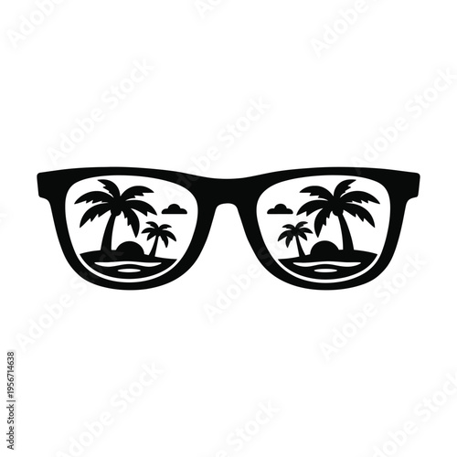 A minimalist black and white graphic icon of sunglasses featuring a tropical island scene inside