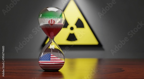 Hourglass with Iran and USA flags against a nuclear hazard symbol. Geopolitical tension and nuclear deal countdown concept. Time running out for international diplomacy between United States and Iran