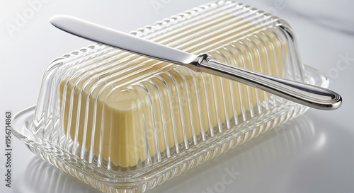 A block of fresh yellow butter inside a ribbed glass butter dish, with a silver spreading knife resting on top.