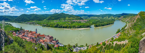 Panorama view of Durnstein village at Wachau valley in Austria