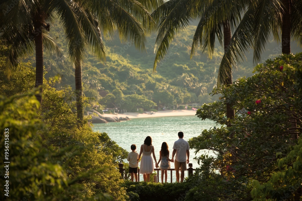 Fototapeta premium a happy family of four, a mother and father with two children, standing on the terrace overlooking an exotic beach in thailand Generative AI