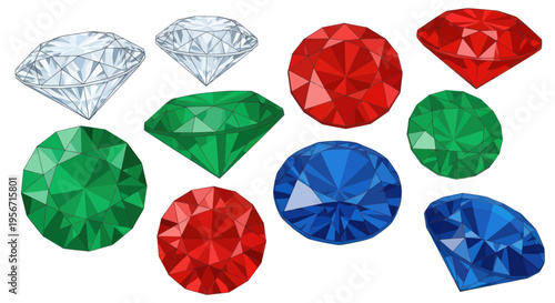 Assorted Gemstones: Diamonds, Rubies, Emeralds, Sapphires Isolated on White