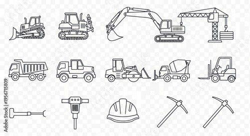 Construction Equipment Line Art Icons: Bulldozer, Excavator, Crane, Truck, Forklift