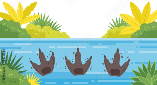 Dinosaur footprints in water, prehistoric jungle background