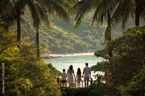 a happy family of four, a mother and father with two children, standing on the terrace overlooking an exotic beach in thailand Generative AI