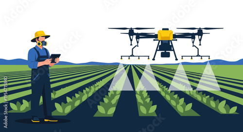 Farmer using drone for precision agriculture, spraying crops in field