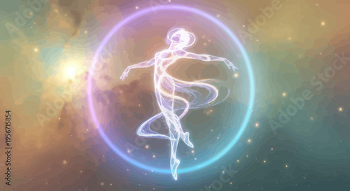 Glowing ethereal dancer silhouette in vibrant energy circle, abstract cosmic background