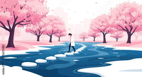 Man Walking on Stepping Stones Over a River Surrounded by Cherry Blossoms