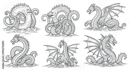 Mythical Sea Creatures Collection: Dragons, Serpents, and Monsters in Water