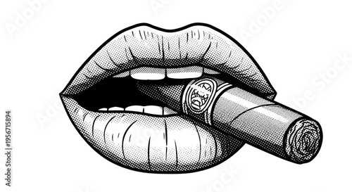 Open Mouth with Cigar, Black and White Illustration, Sensual Lips Holding Tobacco