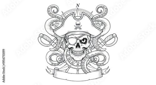 Pirate Skull Emblem with Tentacles, Swords, and Compass Rose