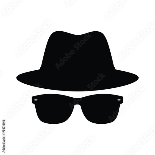 A minimalist black silhouette icon featuring a classic fedora hat paired with stylish sunglasses