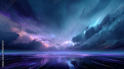 Futuristic digital landscape with glowing neon lines stretches beneath a dramatic, stormy sky filled with vibrant clouds. Sci fi atmosphere and cyberpunk vibes dominate the scene