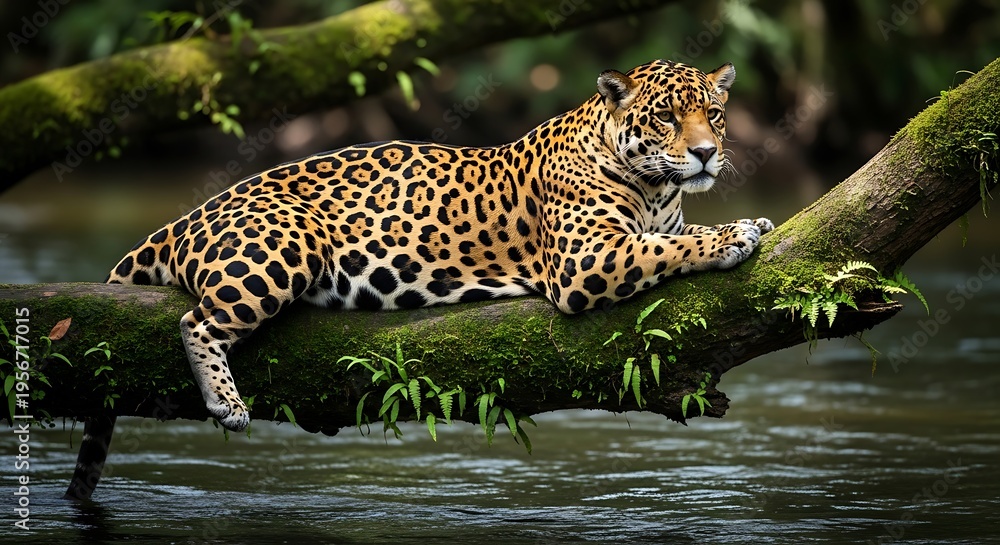 Obraz premium Majestic Jaguar Resting on a Tree Branch Overlooking a Calm River in the Amazon Rainforest