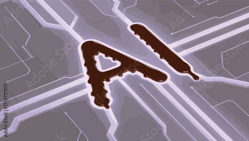 AI letters formed from dripping chocolate on a circuit board background artificial intelligence technology.