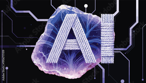 AI text formed by rope on a purple geode and circuit board artificial intelligence technology.