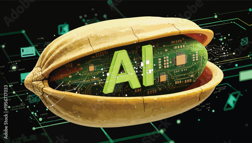 AI text inside a pistachio shell with a circuit board pattern on a dark digital background artificial intelligence.