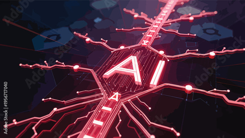 AI text on a complex interconnected network with red glow artificial intelligence technology.