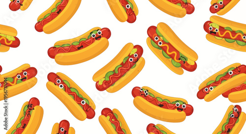 Cute Hot Dog Pattern, Funny Cartoon Food Illustration, Fast Food Seamless Background