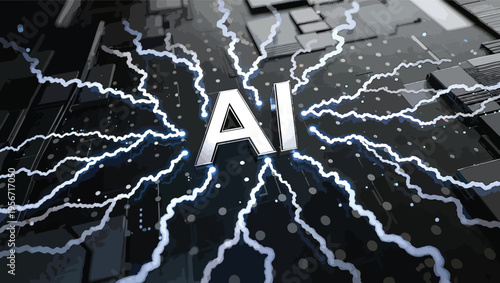 AI text surrounded by electric blue lightning bolts emanating from a dark, textured circuit board background.