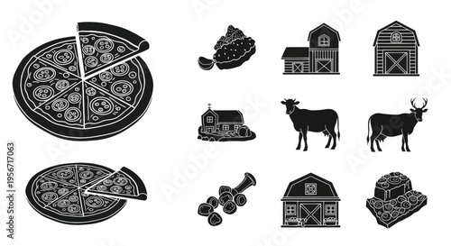 Farm Fresh Food Icons: Pizza, Cow, Barn, Vegetables, Cheese
