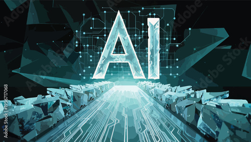 Futuristic AI digital pathway with glowing ice-like structures and circuit board patterns artificial intelligence.