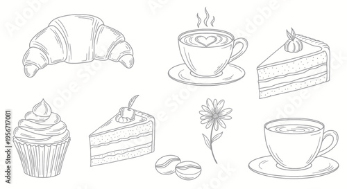 Hand-drawn pastries and coffee illustration: croissant, cupcake, cake slices, coffee cups
