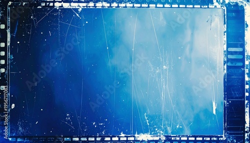 Noisy blue film frame with scratches, dust and grain