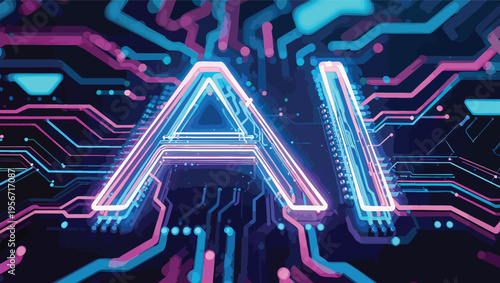 Glowing neon AI logo with intricate circuit board patterns and vibrant blue and pink lights artificial intelligence.