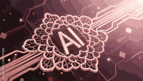 Intricate AI emblem with glowing circuits and sparkling particles in a warm pink hue artificial intelligence.