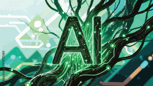 Green glowing AI letters integrated with organic tree branches and circuit board elements artificial intelligence.