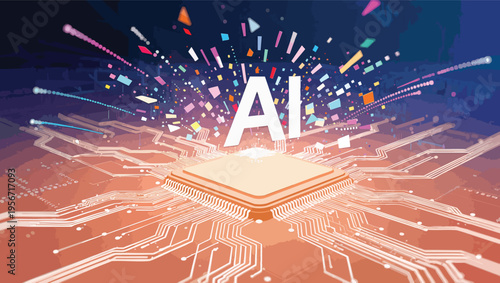 Vibrant AI concept with a central processor and exploding colorful data streams artificial intelligence.
