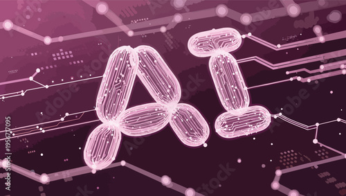 Transparent AI letters filled with circuit patterns and glowing dots on a pink background artificial intelligence.