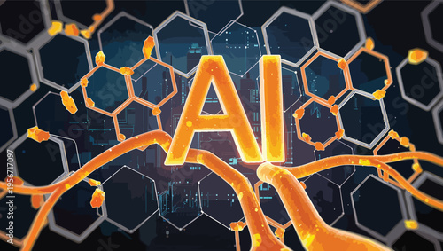 Glowing orange AI text integrated with molecular structures and circuit board elements artificial intelligence.