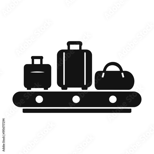 A minimalist black icon depicting various luggage bags moving along an airport conveyor belt system
