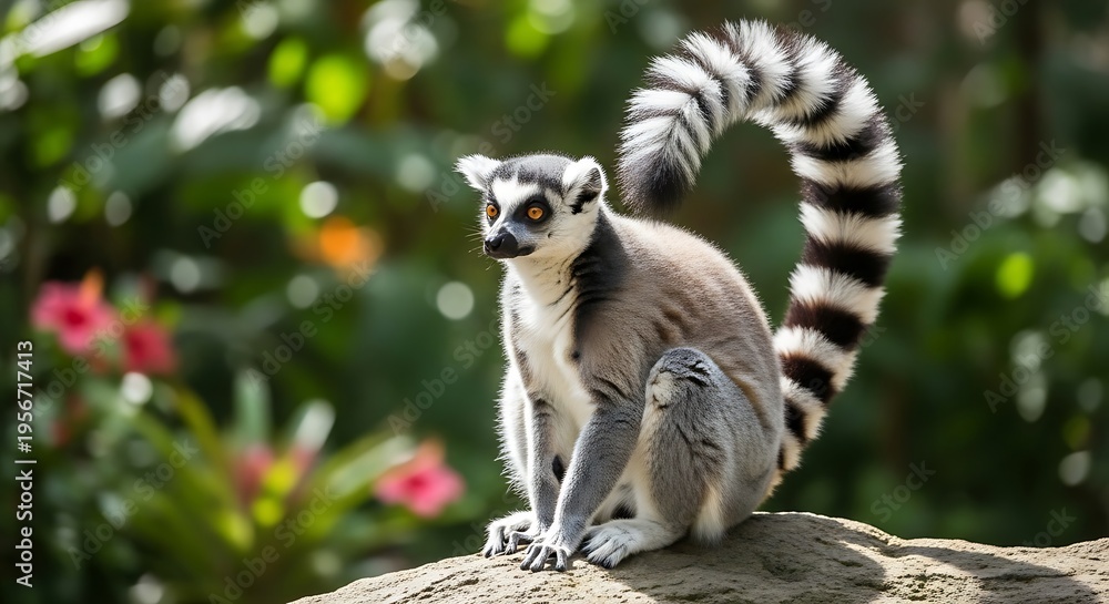 Obraz premium Ring-tailed Lemur Sitting on a Rock in its Natural Habitat with Lush Greenery in the Background