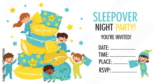 Children's Sleepover Night Party Invitation with Pillows and Stars