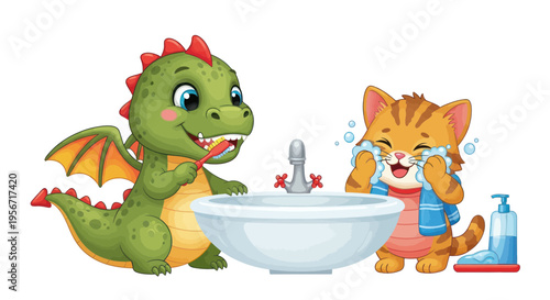 Cute Dragon Brushing Teeth and Kitten Washing Face with Toothbrush and Soap