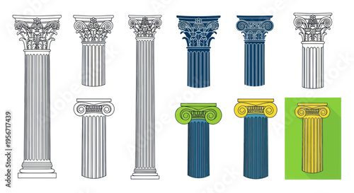 Classical Architectural Columns Set: Ionic, Corinthian, Doric Styles