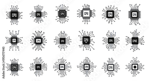 CPU Microchip Set: Vector Icons of Central Processing Units, Technology Components