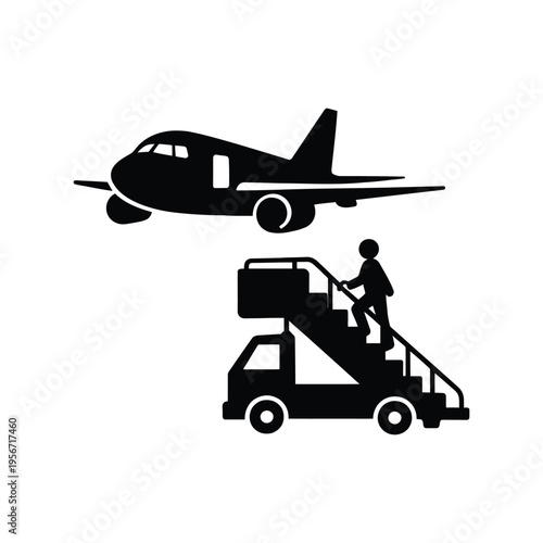 A black and white icon illustration showing a passenger walking up the stairs to board an airplane