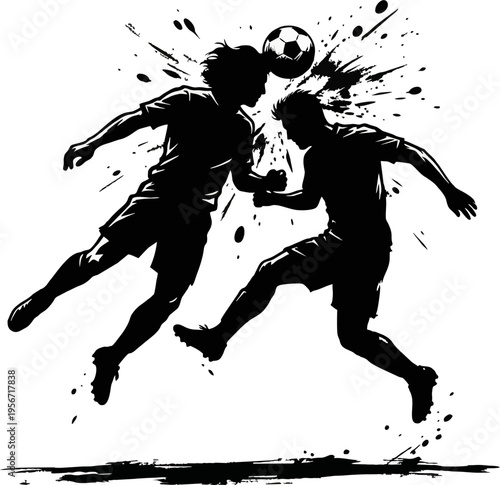 Two Soccer Players Aerial Duel Silhouette, Heading the Ball Football Action Illustration
